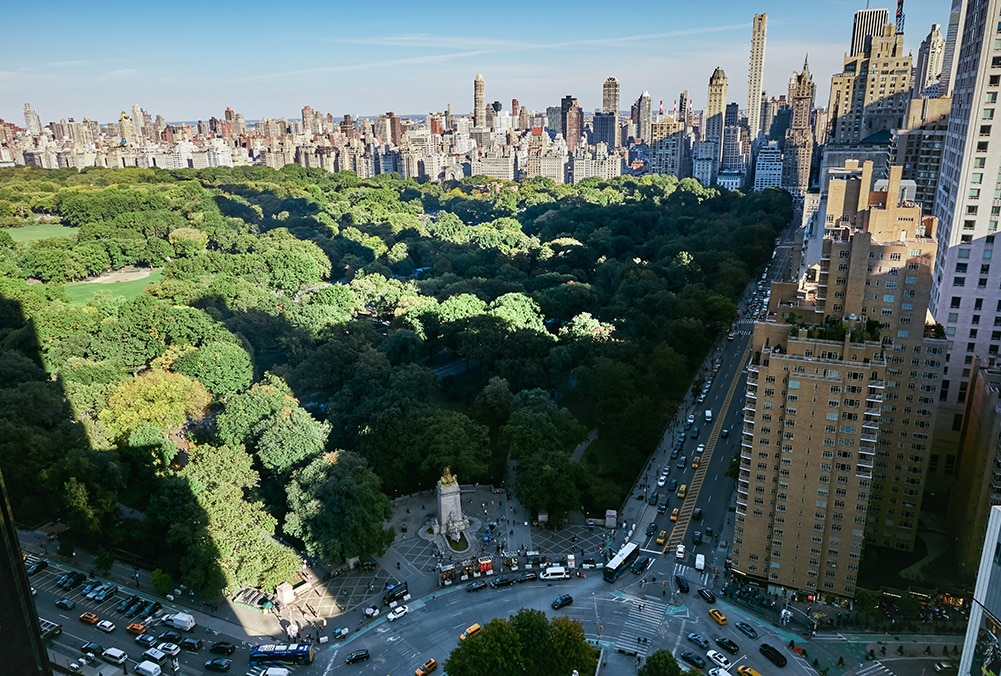 Drone view of a sunny street-side Central Park in New York City