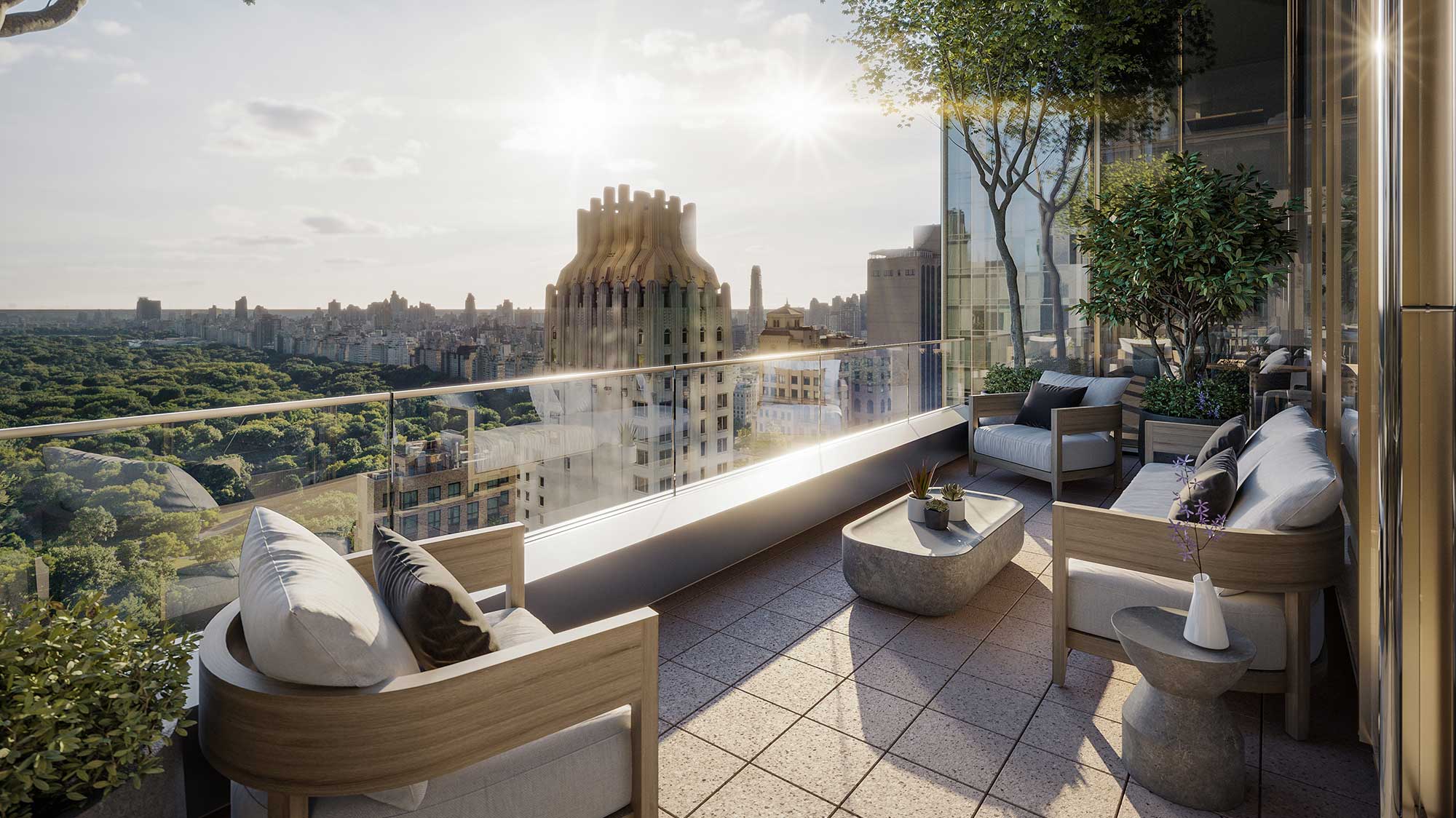 A high-end office building terrace with a spectacular view of NYC