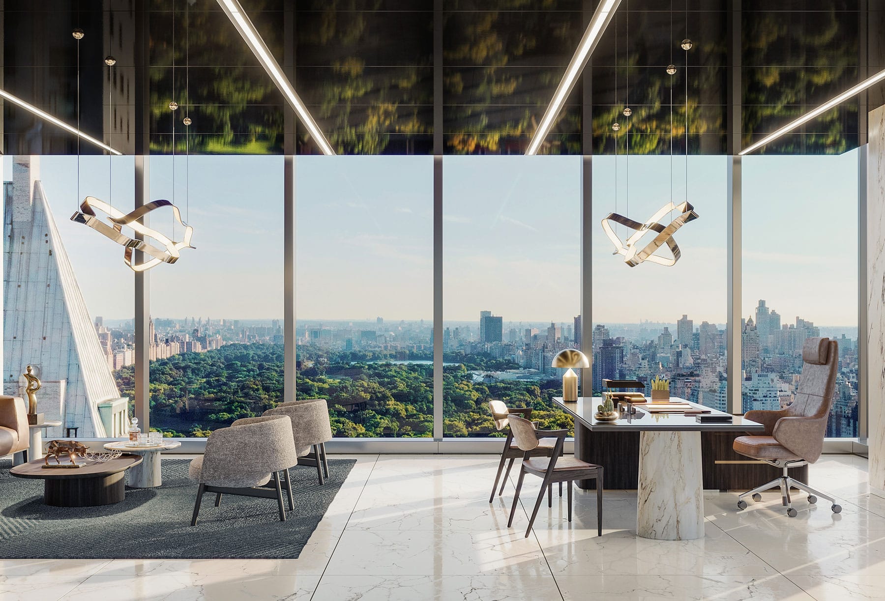 A high-rise office with glossy black ceilings and amazing view