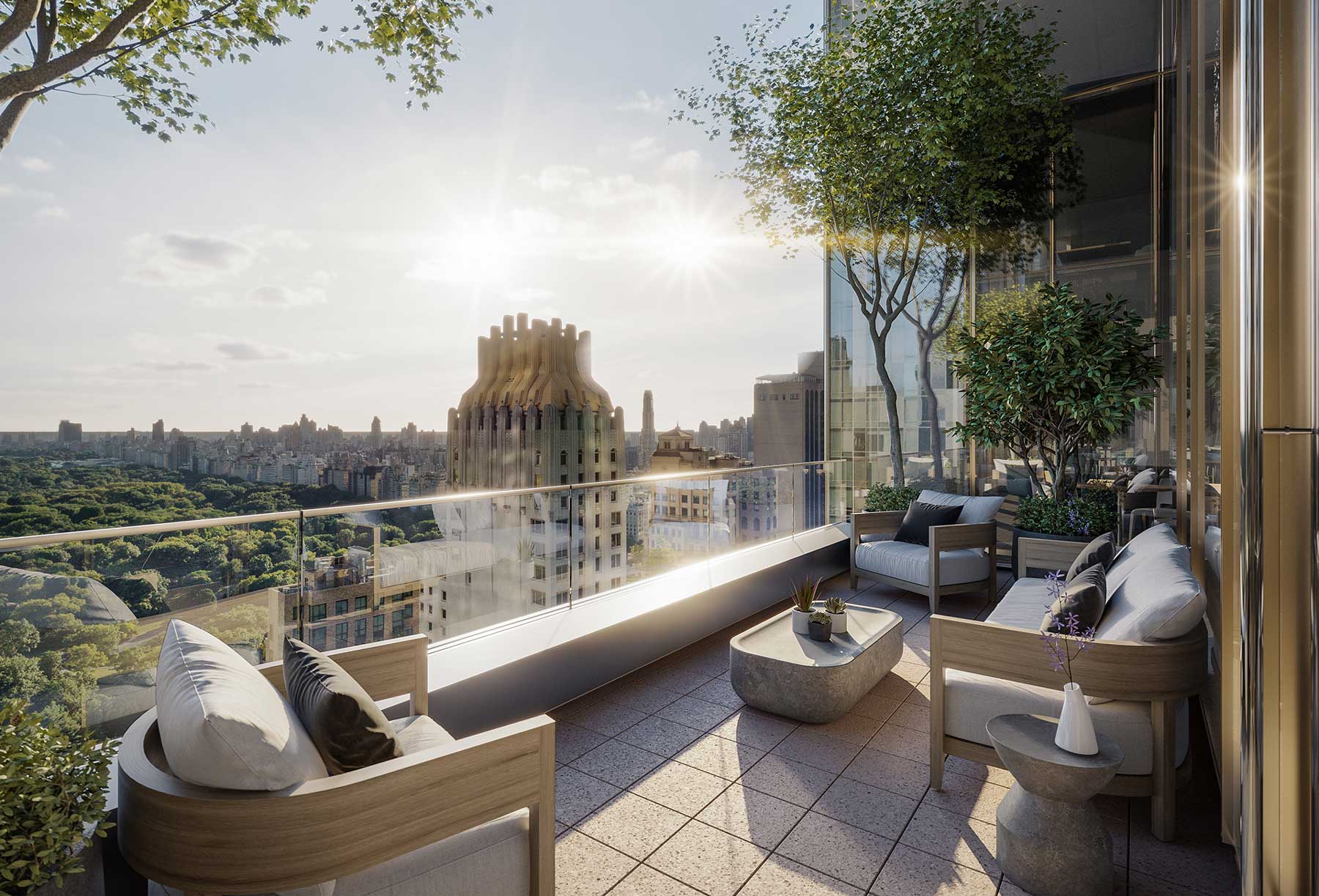 A luxury office building terrace with seating and a amazing view