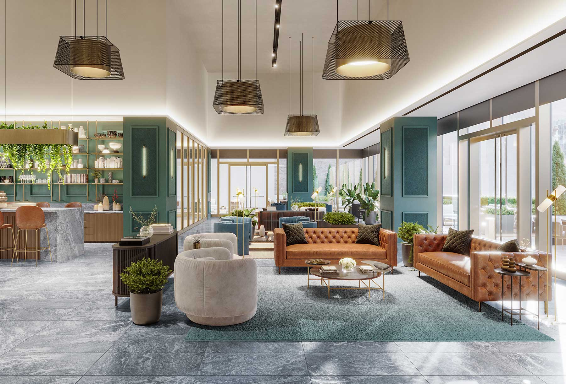 3d rendering of an elegant tenant amenity club and deluxe lounge