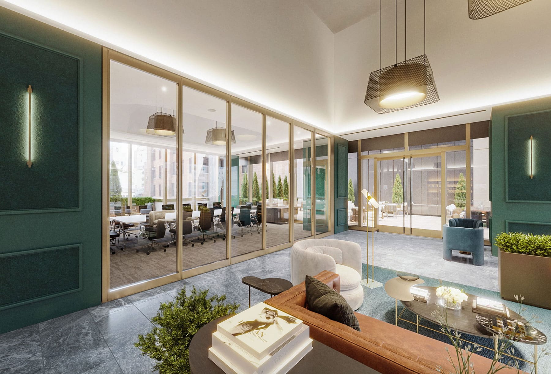 Dark jade green and gold detailed luxury office space
