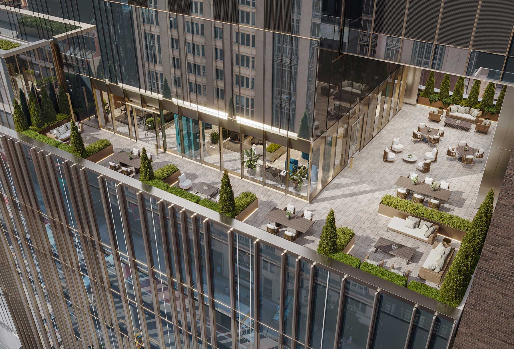 3d rendering of a luxury outdoor corner terrace with green shrubs