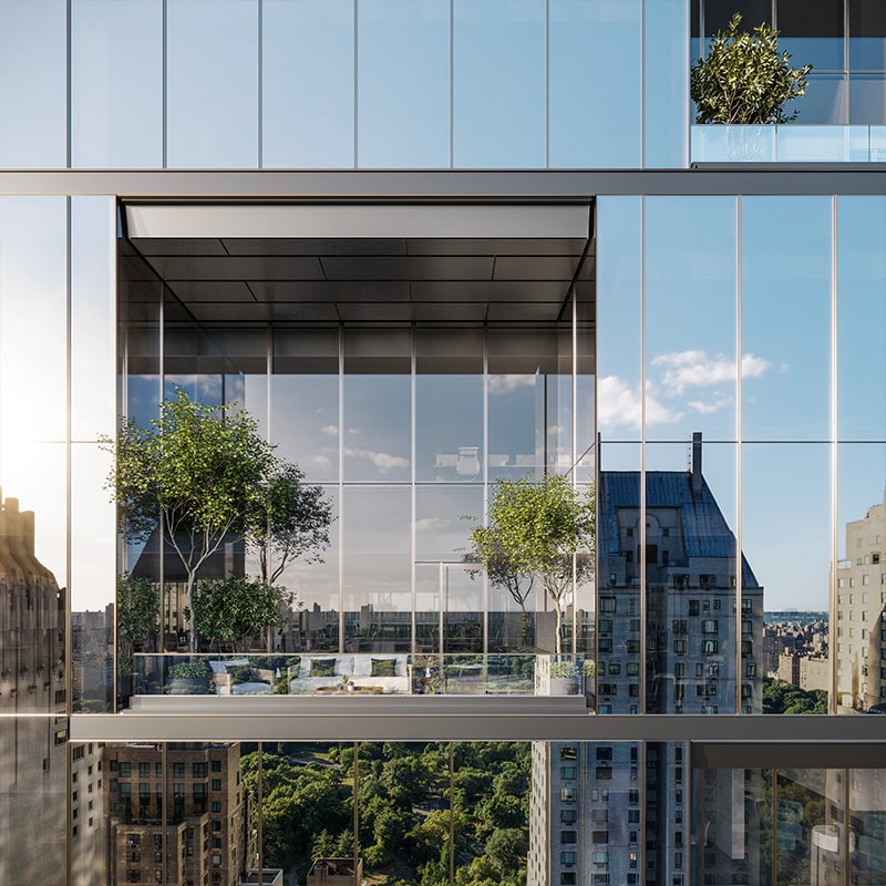 3d rendering of a stunning exterior façade reflecting a cityscape