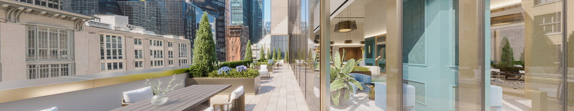 A sunny luxe outdoor terrace that connects to a designer office