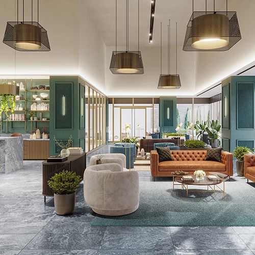 A luxury office building lounge with exquisite furnishings