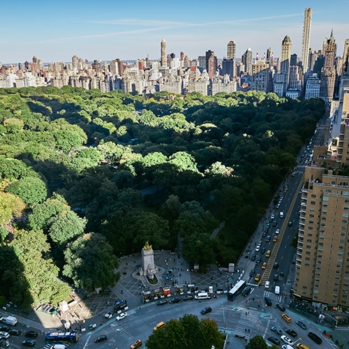 Drone view of the Lincoln Circle and Central Park in the summer