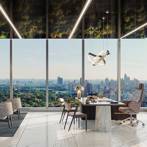 A luxury corner office with an incredible view and glossy ceiling
