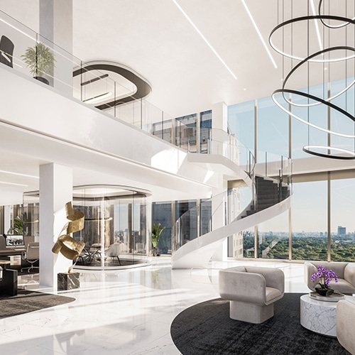 Luxe office space with modern lighting and double height ceilings