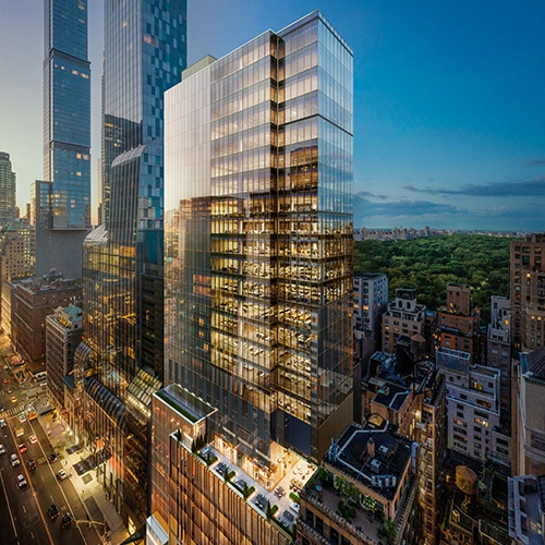 3d rendering of an glass office building glowing inside at dusk